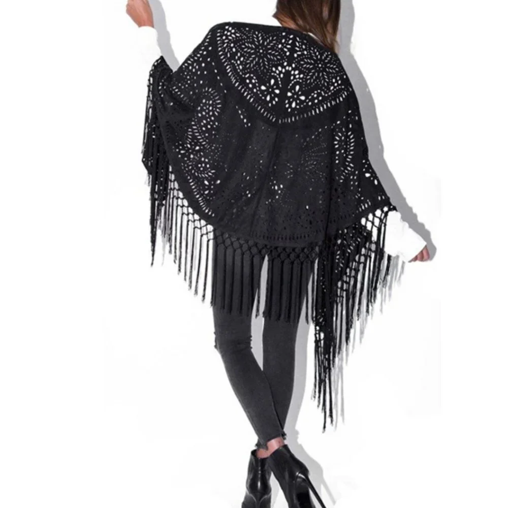 Muche et Muchette Navy Laser Cut Fringe Faux Suede Shawl NWT